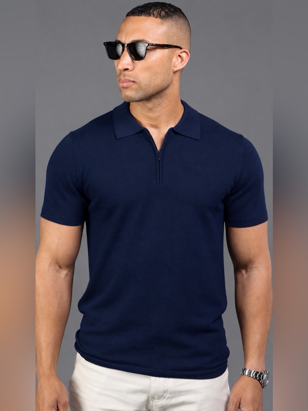 Collars & Co Short Sleeve Merino Wool Quarter Zip Polo Navy 2XL New With Tag